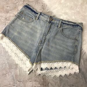 Free People Scalloped Lace Denim Shorts
